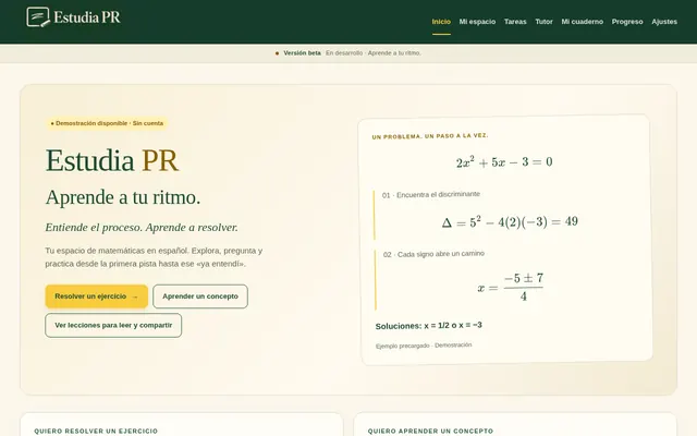 Estudia PR homepage with math-learning tools and a worked quadratic equation.