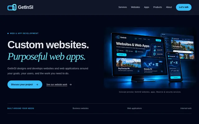 GetInSI homepage with custom website and web app development services, navigation, and project presentation.