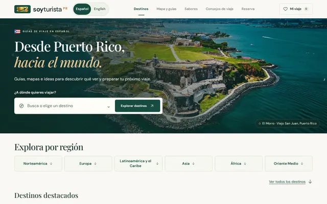 SoyTurista PR homepage with a Puerto Rico travel hero, destination search, and regional guides.
